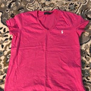 EUC Polo Ralph Lauren v neck , hot pink /white, Large